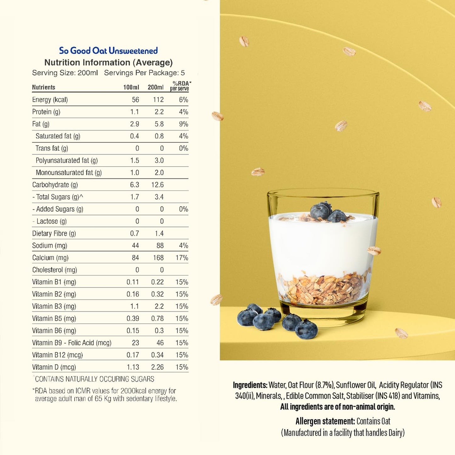 So Good Plant Based Oat Beverage Unsweetened Nutrition Information