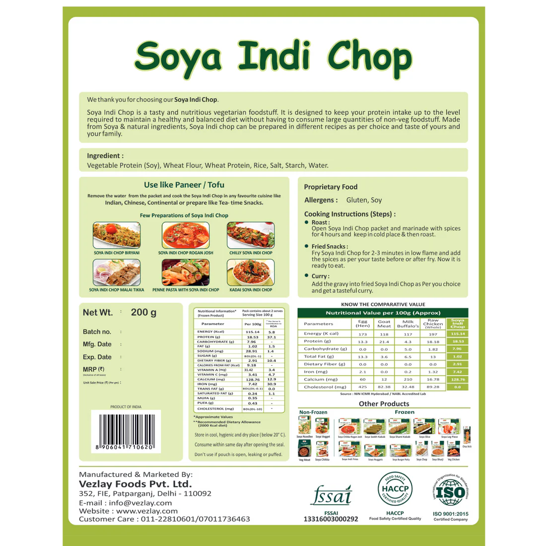 Vezlay Soya Indi Chop Nutritional Information