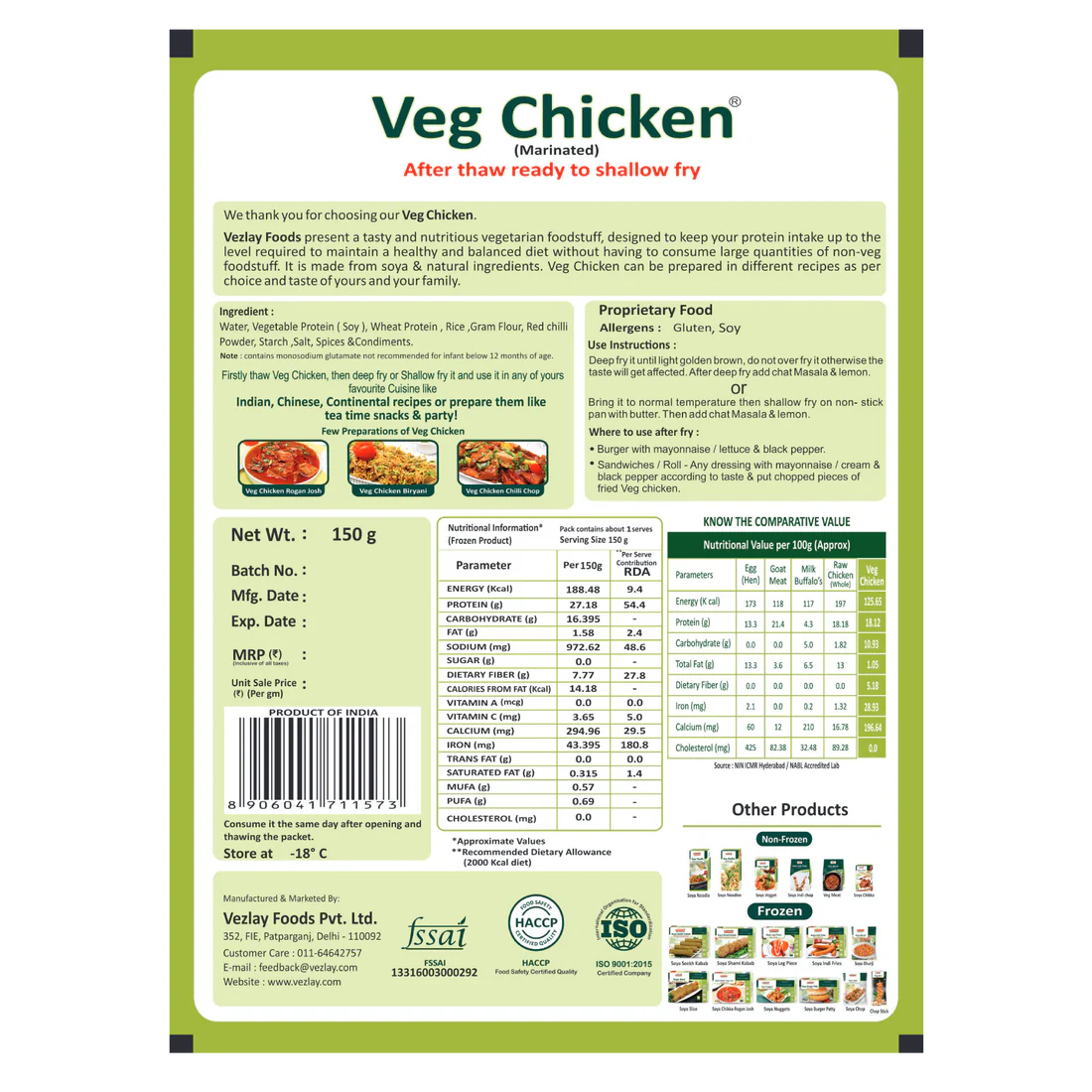 Vezlay Veg Chicken Nutritional Information